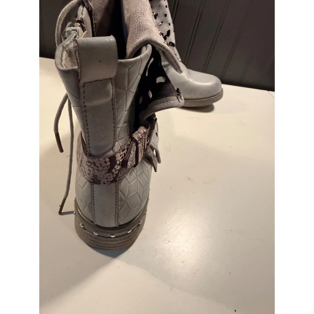 Lala Iaki Grey Studded Laser Cut Ankle Boots EU 40 Snakeskin Strap Buckle Zip